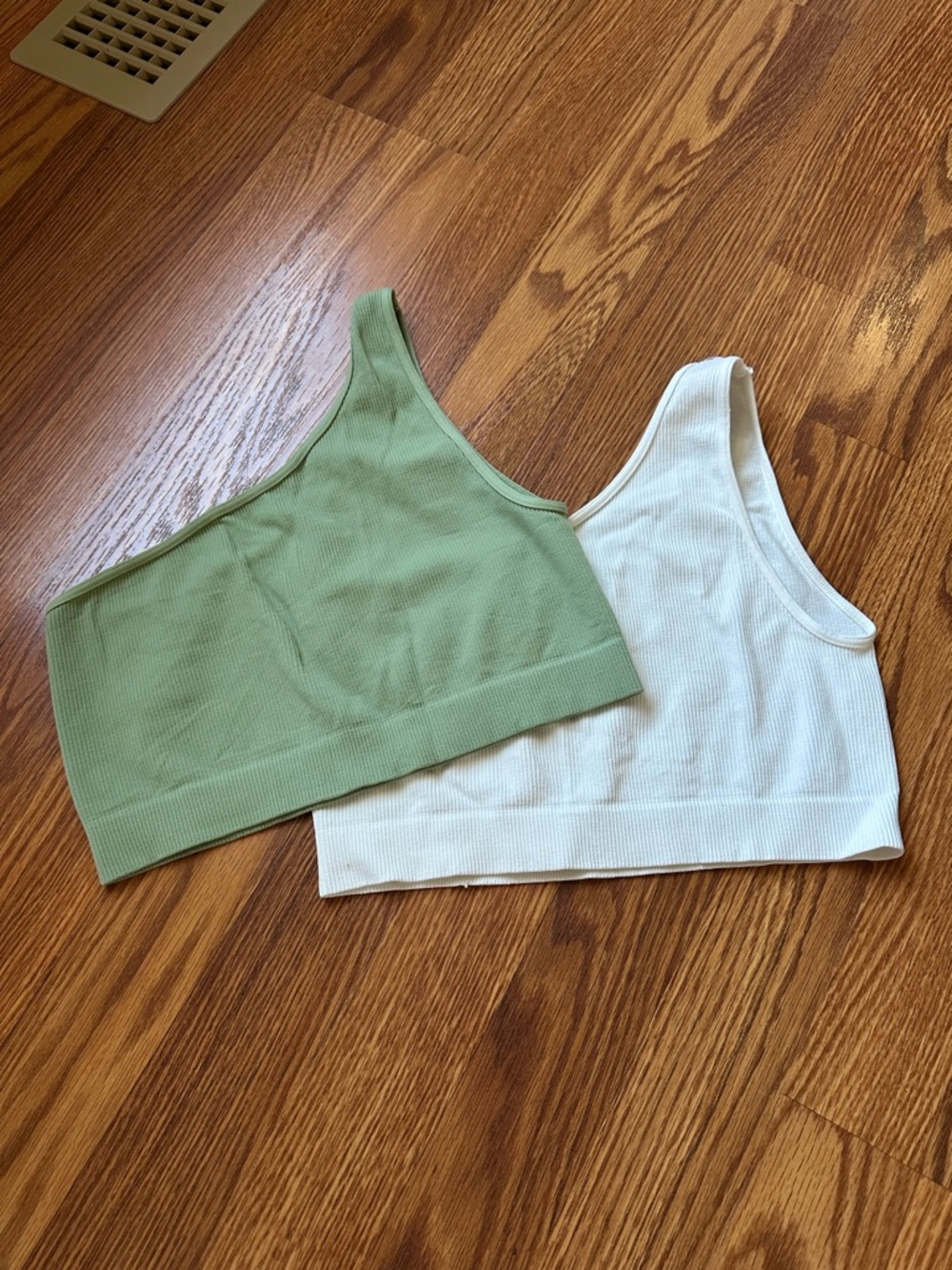 Source Unknown Green and White Ribbed One-Shoulder Bras (Set of 2)